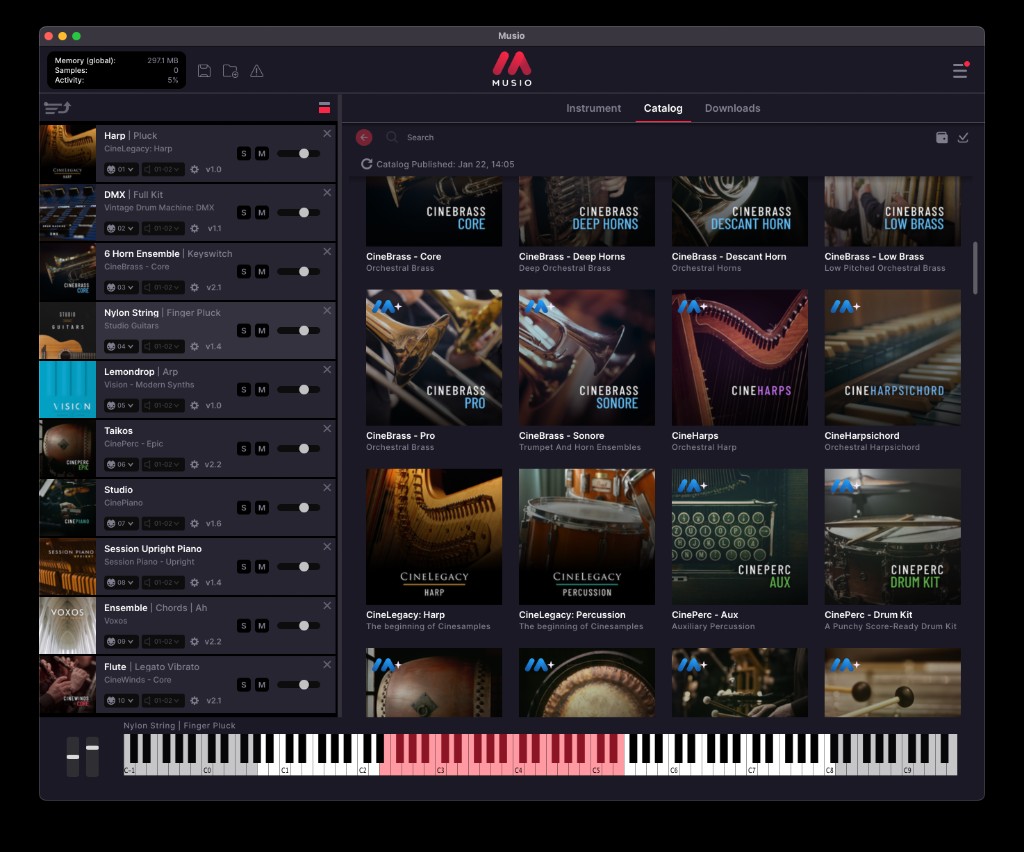 Musio catalog browser showing instrument library grid