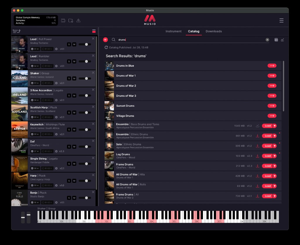 Musio search results for the word drums, listing matching instruments across collections